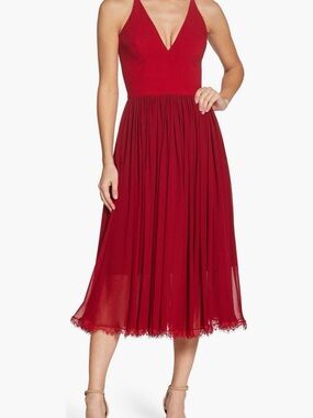 Dress the Population Alicia Mixed Media V-Neck Midi Dress Garnet